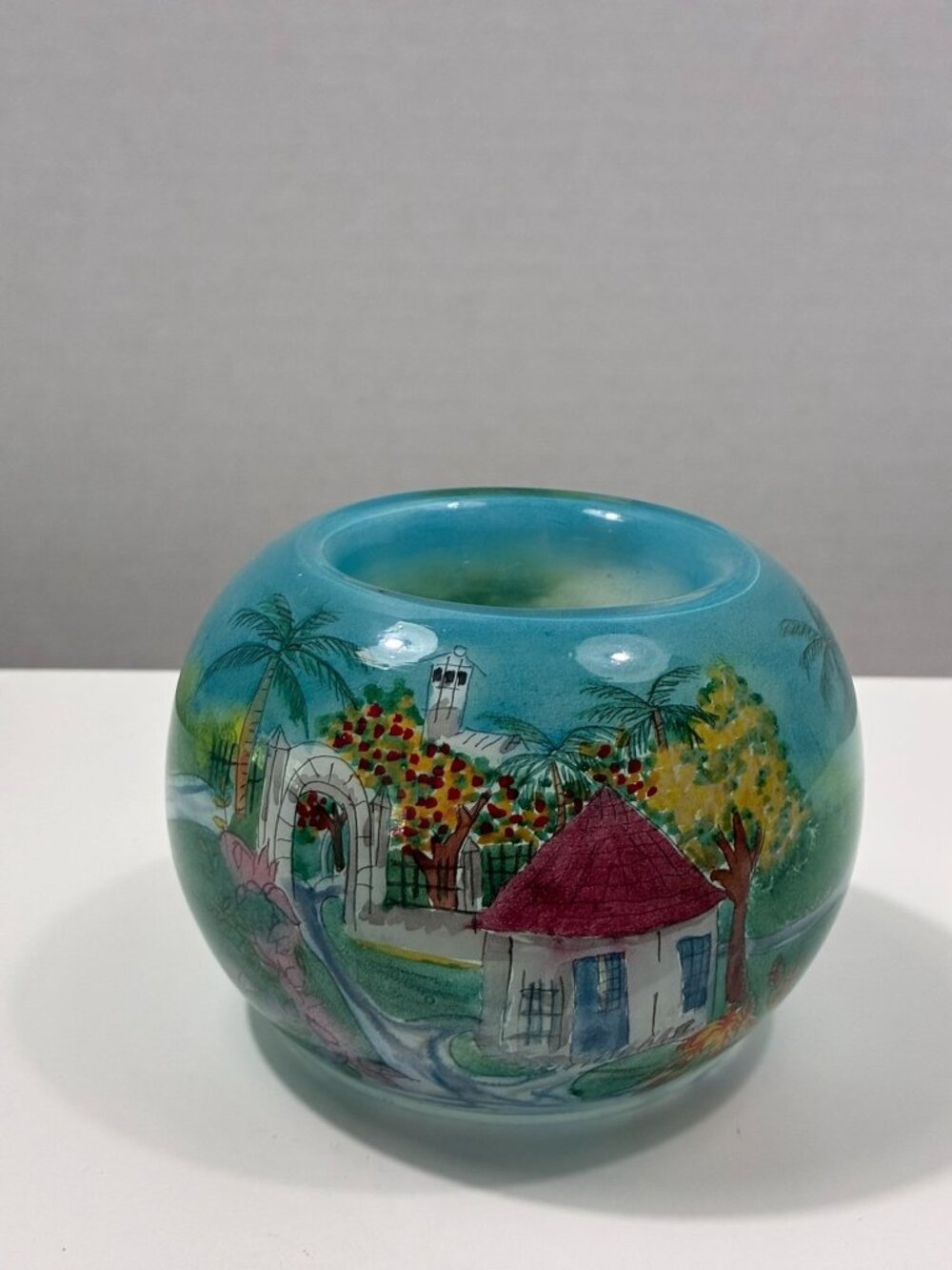 Hand-Painted Blue Ceramic Vase With Tropical Landscape Design 4" Round
